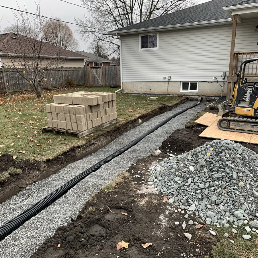 Leaning block wall rebuild in Kitchener yard