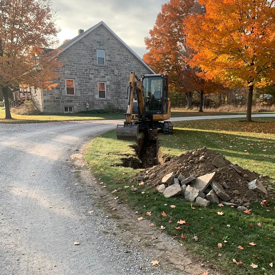 Mini excavator digging beside Rockwood stone farmhouse
