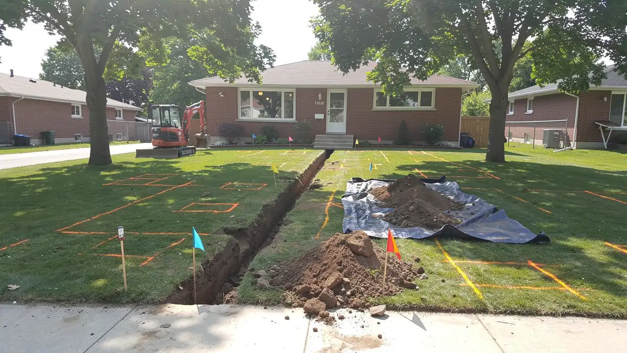 Mini excavator trenching water service in Guelph Mini excavator trenching water service in Guelph