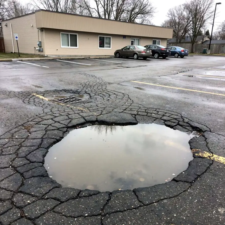 Ponding water on cracked Guelph parking lot