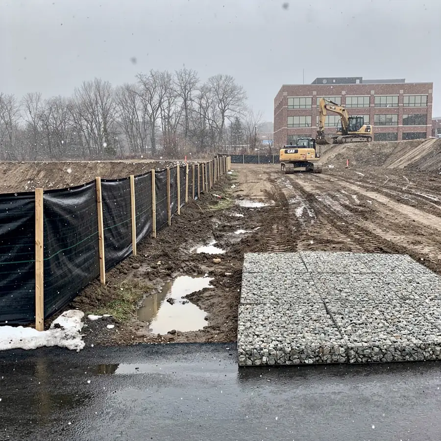 Silt fence around commercial excavation in Guelph