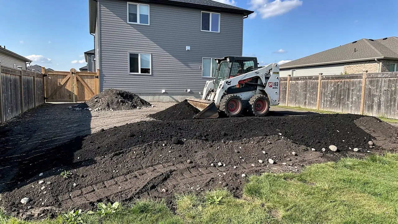 Skid steer grading backyard slope in Guelph Skid steer grading backyard slope in Guelph