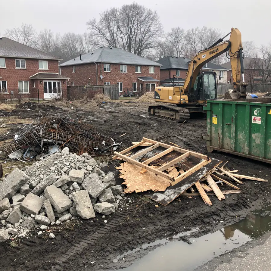 Sorted demolition debris piles on Guelph lot Sorted demolition debris piles on Guelph lot
