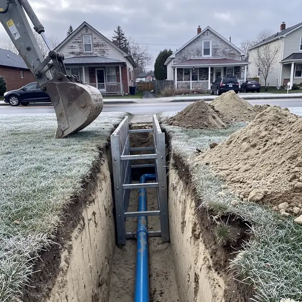Trench box in sandy Kitchener service trench